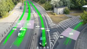 highway survey by drone with green lines showing traffic free road