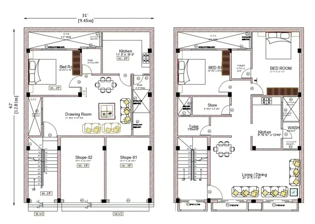 Screenshot of detailed 2D CAD floor plans derived from a measured building survey