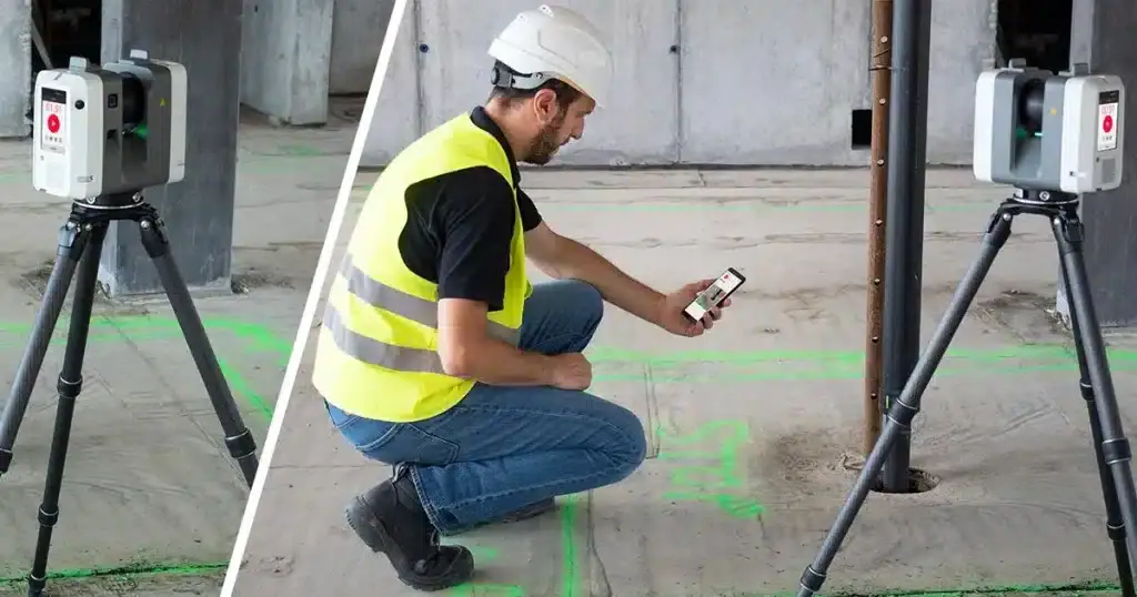 A 3D laser scanner, such as a Leica RTC360, set up inside a building capturing data, with a clear focus on the technology