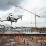 modern drone actively flying over a construction site, a large development area, or a landscape that clearly shows land features