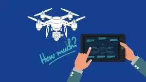 A modern drone (UAV) with surveying equipment (camera/sensor) flying over a typical UK landscape