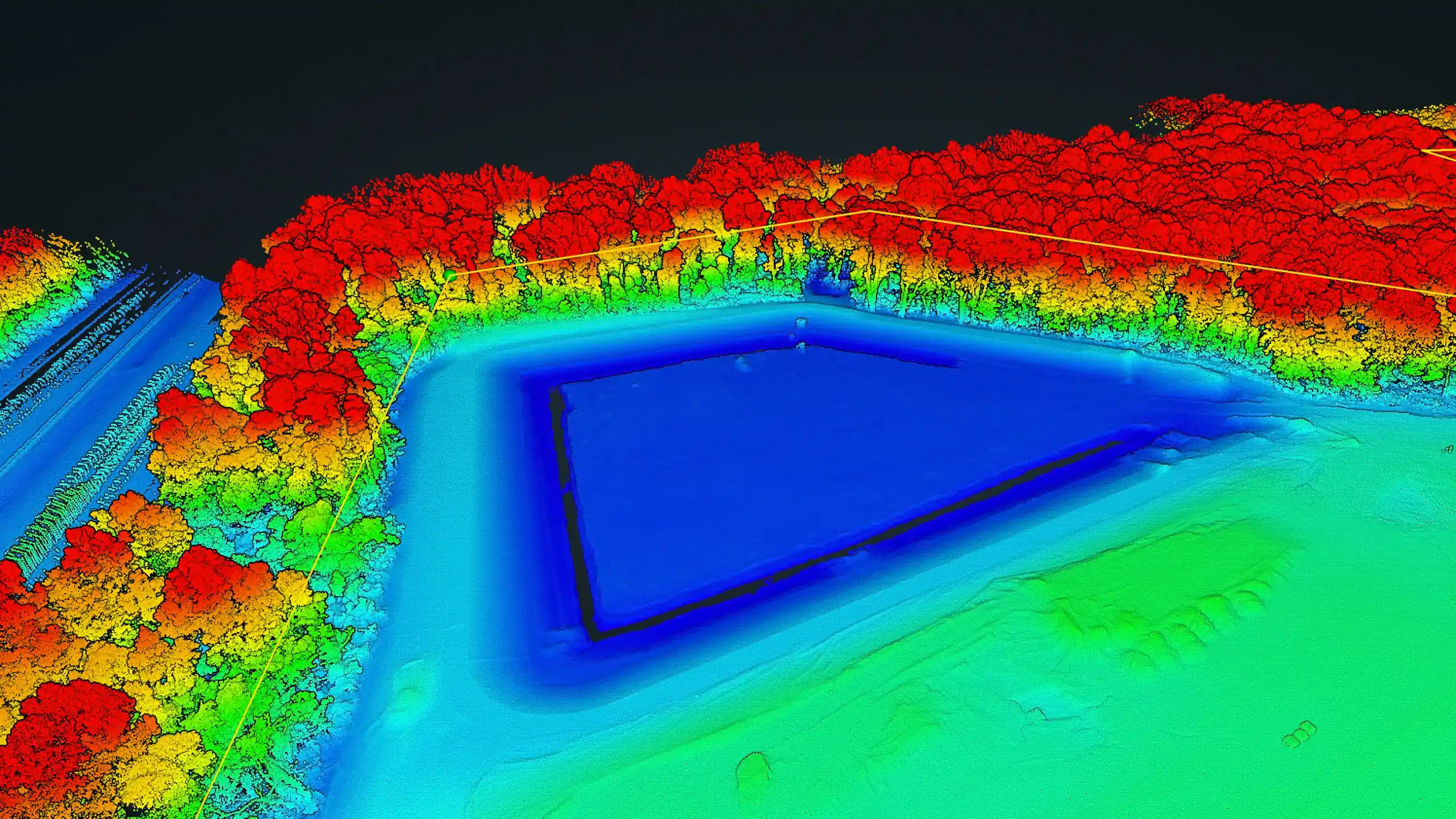 A visual representation or diagram showing LiDAR pulses penetrating dense tree canopy to map the ground beneath
