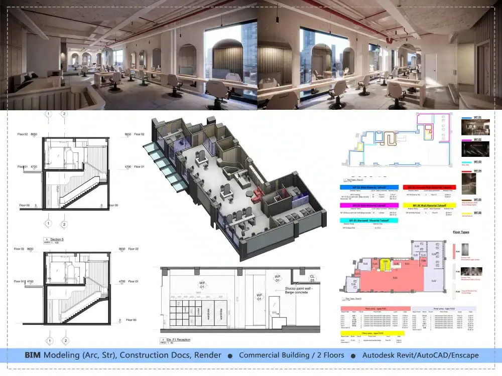 Image depicting various deliverables of a measured building survey, such as 2D plans, 3D point cloud, and BIM model